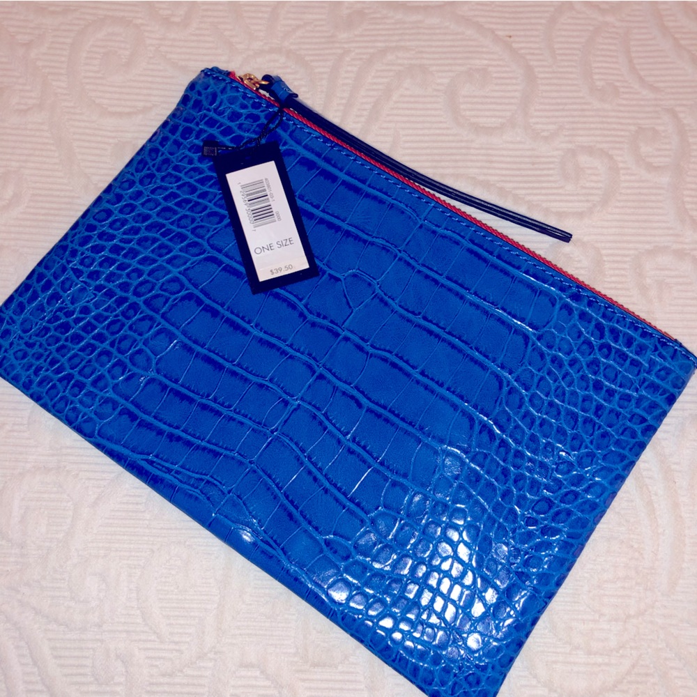 NWT BANANA REPUBLIC Blue Vegan Leather Croco Envelope Clutch Pouch Red lined